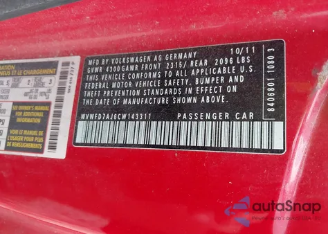 2012 Volkswagen Gti 2-Door from USA, damaged, VIN WVWFD7AJ6CW143311